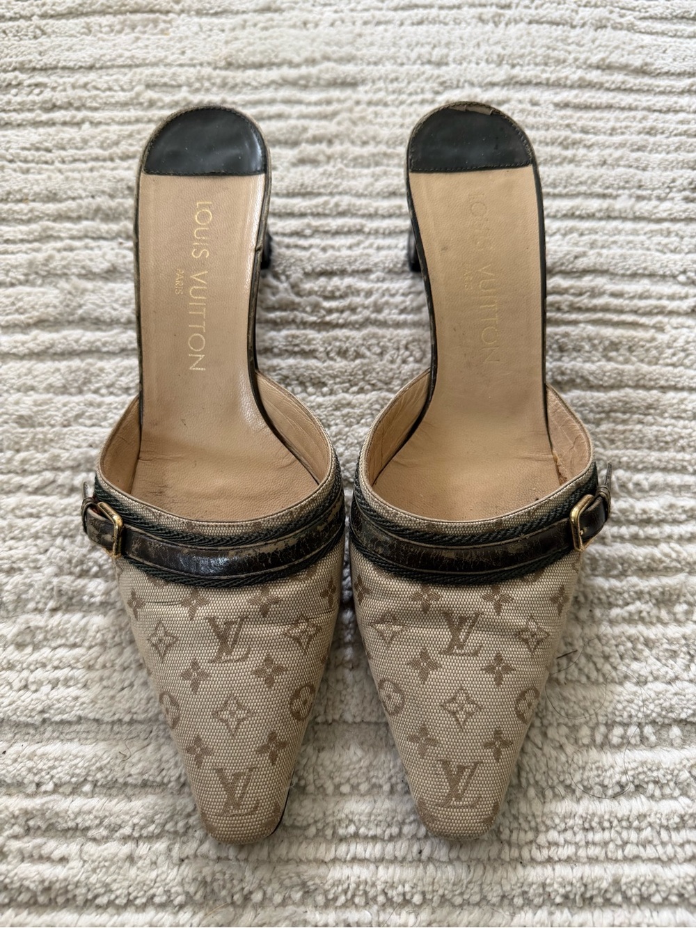 Louis Vuitton Beige Monogram Canvas Pointed Mules with Black Trim